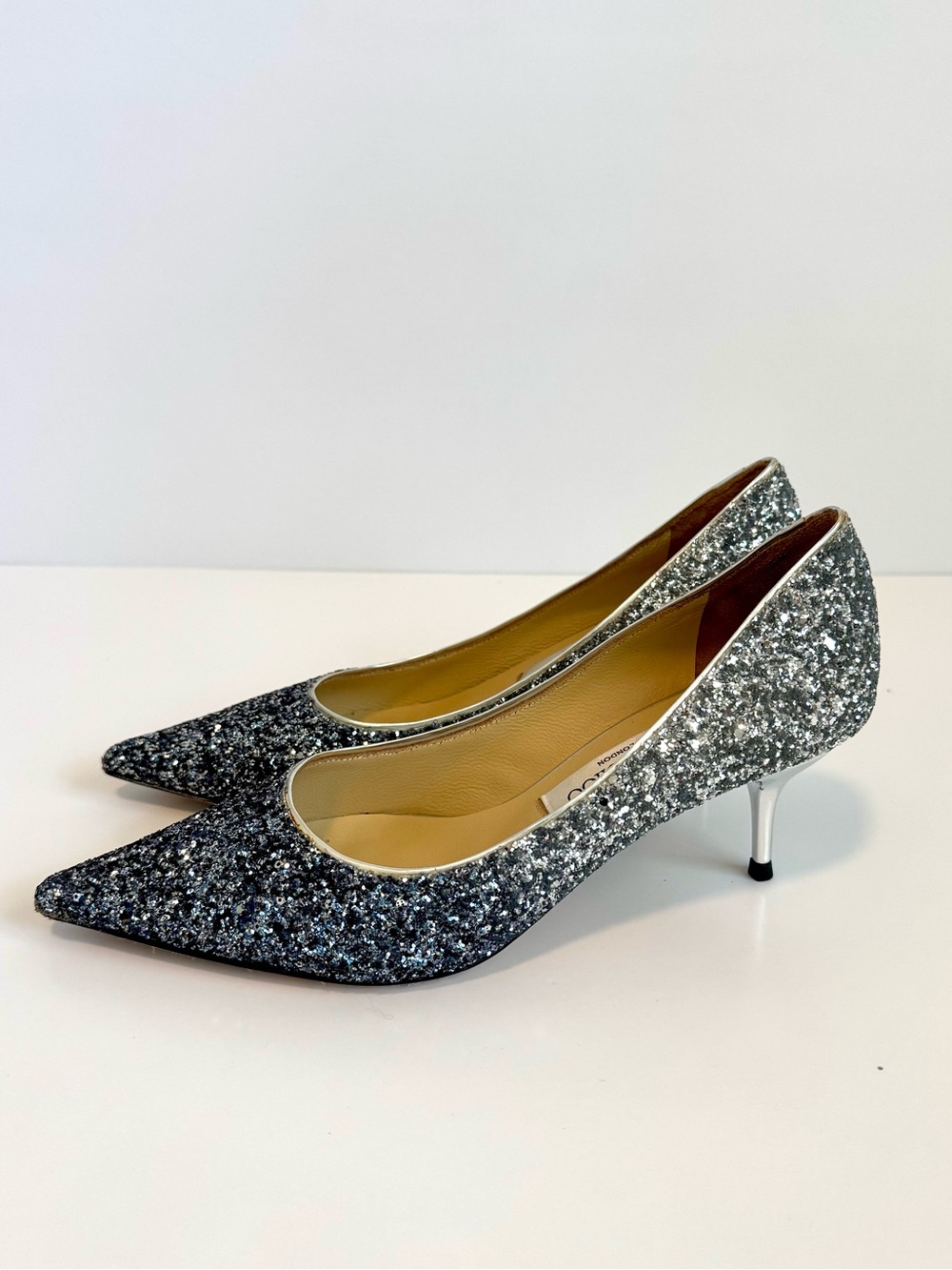 Jimmy Choo Silver Glitter Pointed Toe Kitten Heel Pumps EU 38 US 8 Made in Italy